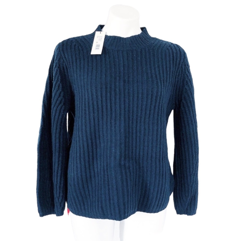 Rebecca Taylor Ribbed Navy Sweater Mock Neck Wool Blend Size L NWT $295 - Picture 1 of 9